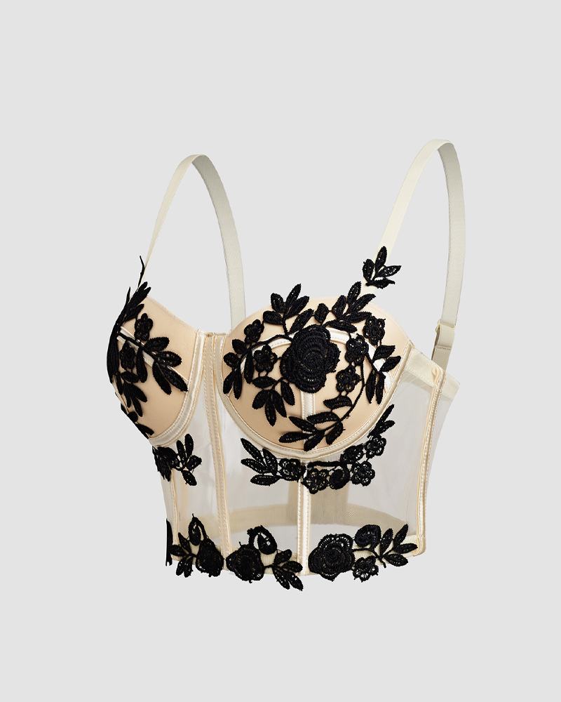 Lace Mesh Embroidered Flower Fishbone Corset