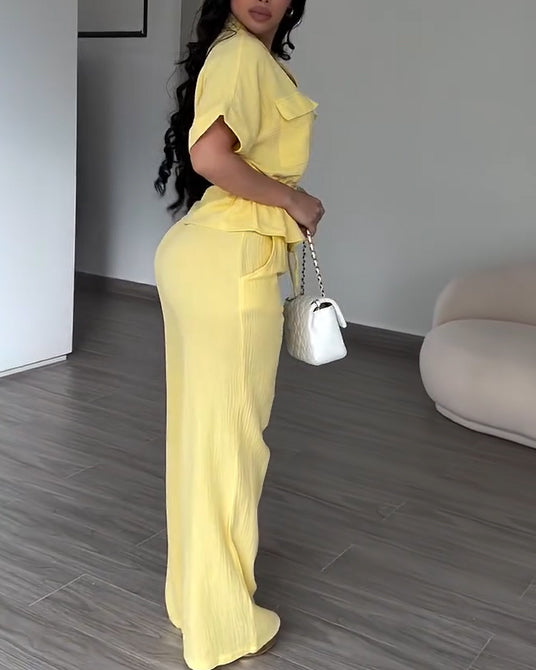 Women's 2 Piece Linen Outfits Short Sleeve Drawstring  Shirts and Wide Leg Pants With Pockets