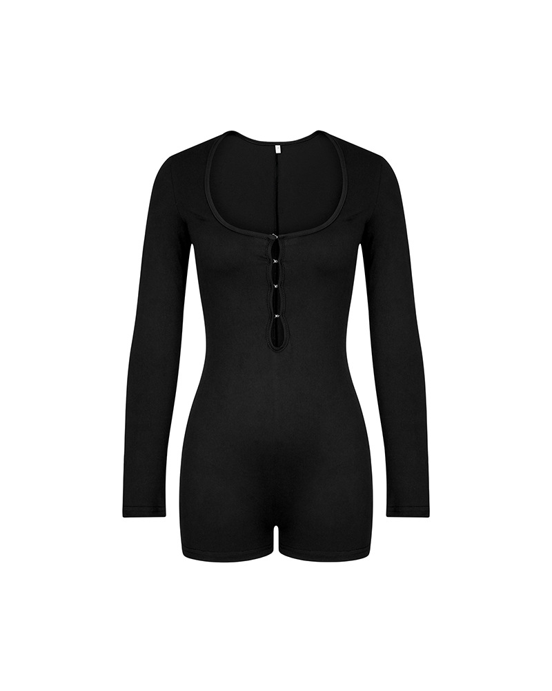Tight-Fitting Hollowed-Out Round Neck Long-Sleeved Bodysuit