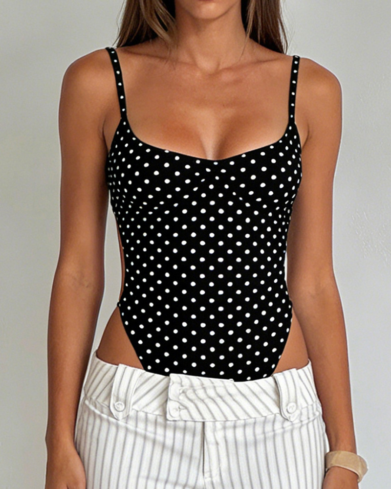 Stylish Black White Polka Dot Cutout Lace-Up Slim-Fit Bodysuit