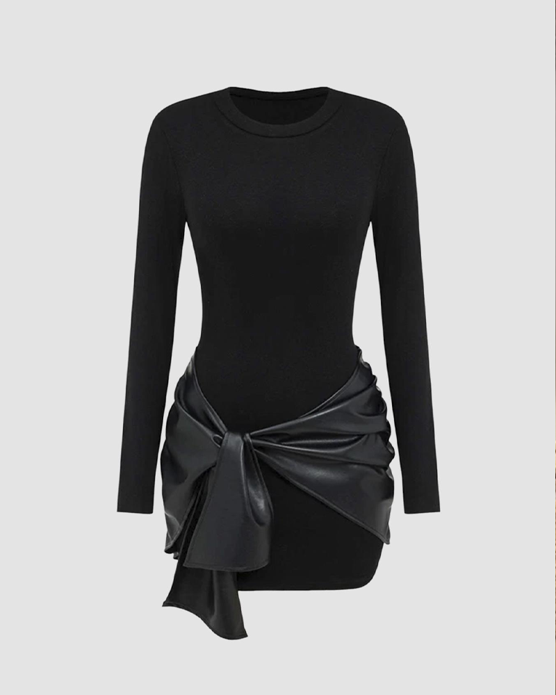 Patchwork Knotted Side Ruched Long-Sleeved Mini Dress