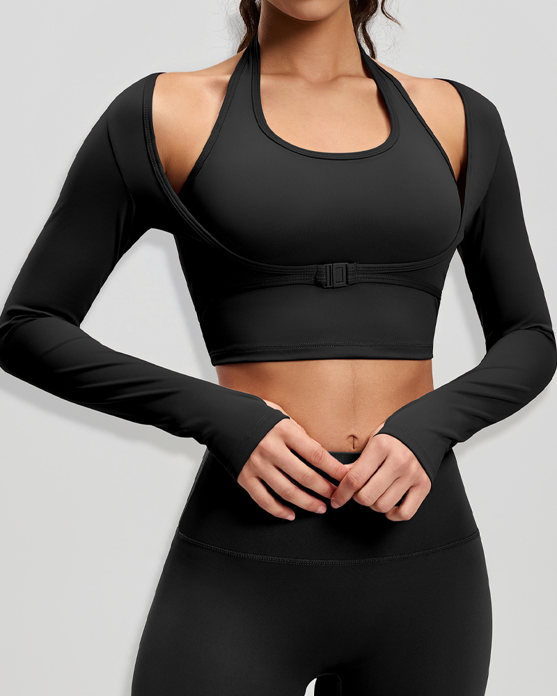 Halter Neck Long Sleeve Workout Crop Top with Built-in Sports Bra
