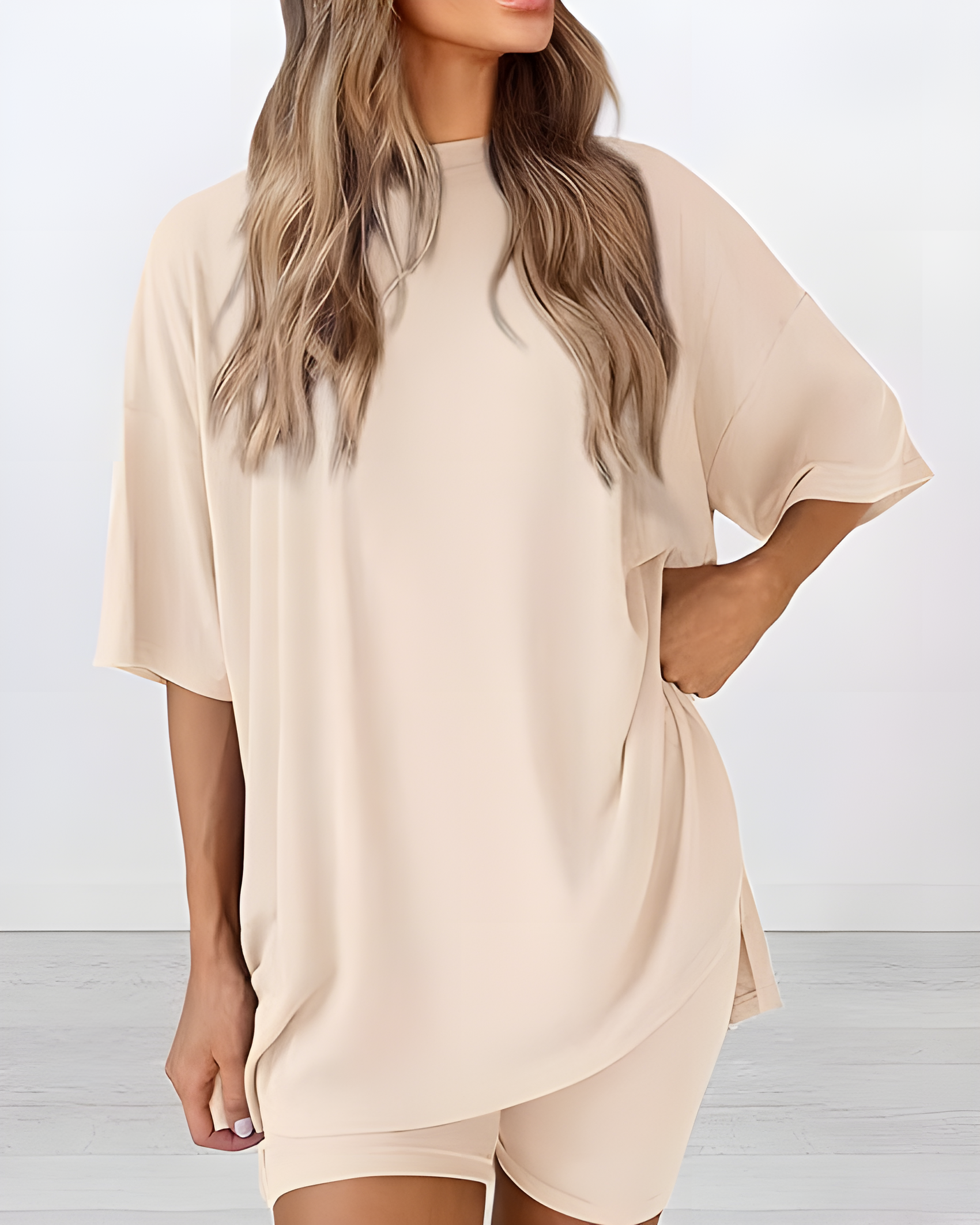 Women's Summer Casual Two-Piece Lounge Set Oversized Split Hem Shirt