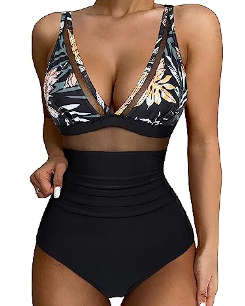 Mesh Panel High Waist Tummy Control One-Piece Swimsuit