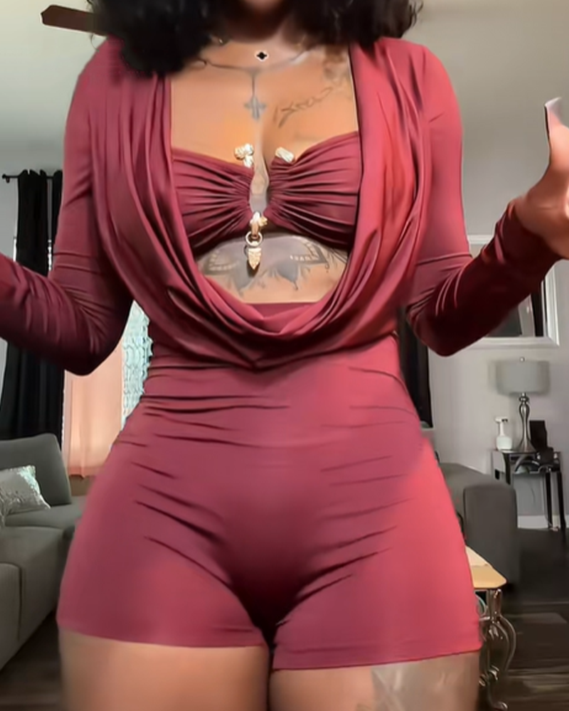Deep V-Neck Low-Cut Solid Color Slim-Fitting Jumpsuit