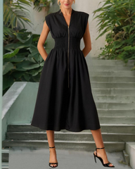 V-Neck Sleeveless Ruched High Slit Zipper Maxi Dress