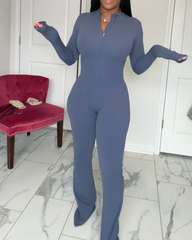 Long-Sleeved Flared Athletic Zipper Jumpsuit