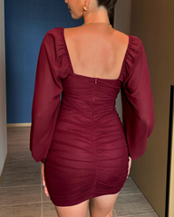 French Style V-Neck Mesh Bodycon Long Sleeve Dress
