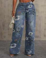 High Waist Straight Leg Printed Jeans