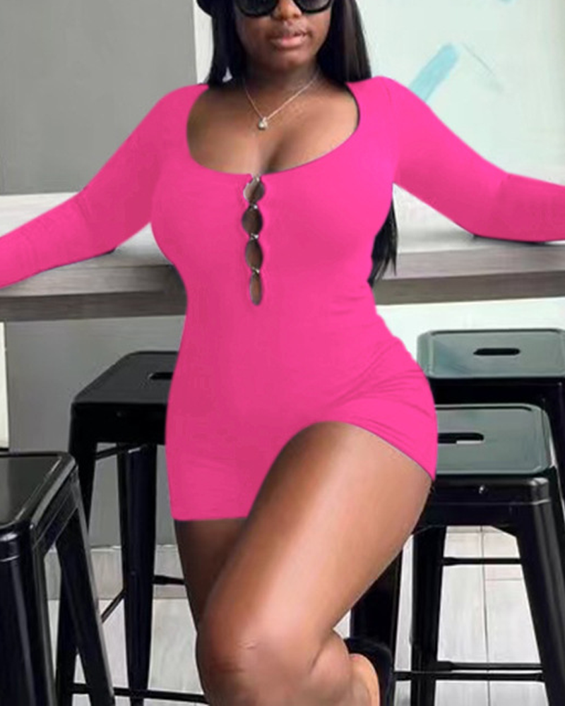 Tight-Fitting Hollowed-Out Round Neck Long-Sleeved Bodysuit