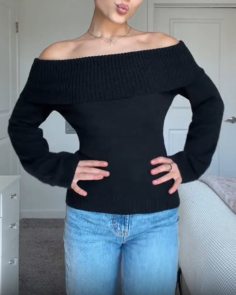 Off-The-Shoulder Slim-Fit Fashion Knitted Long-Sleeved Sweater