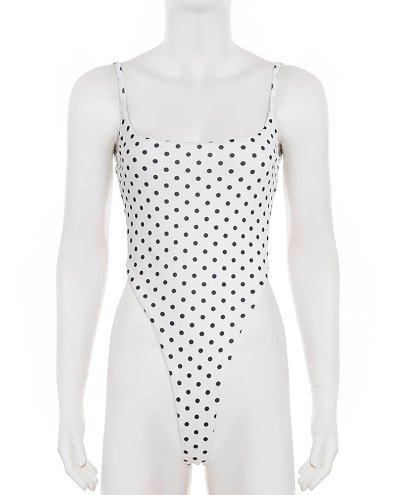 Stylish Black White Polka Dot Cutout Lace-Up Slim-Fit Bodysuit
