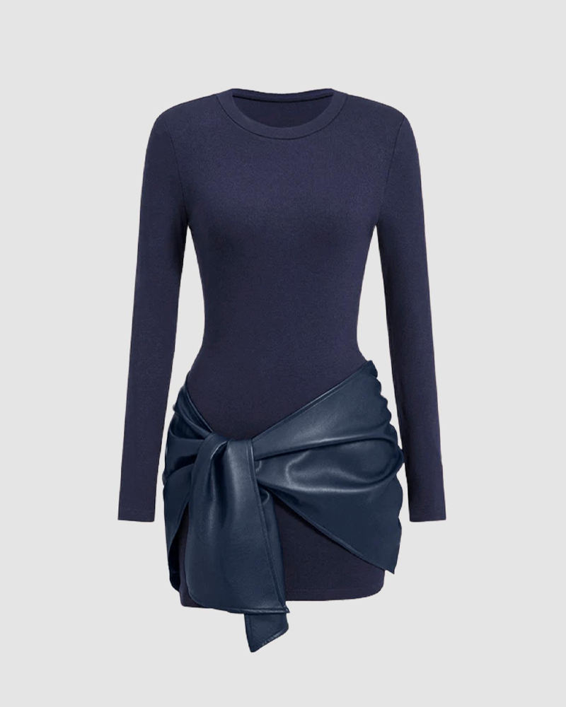 Patchwork Knotted Side Ruched Long-Sleeved Mini Dress