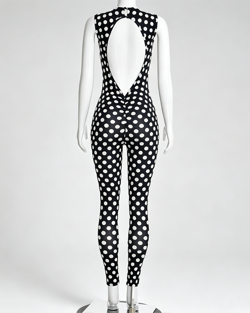 Slim Fit Polka Dot Open Back Sleeveless Bodycon Jumpsuit