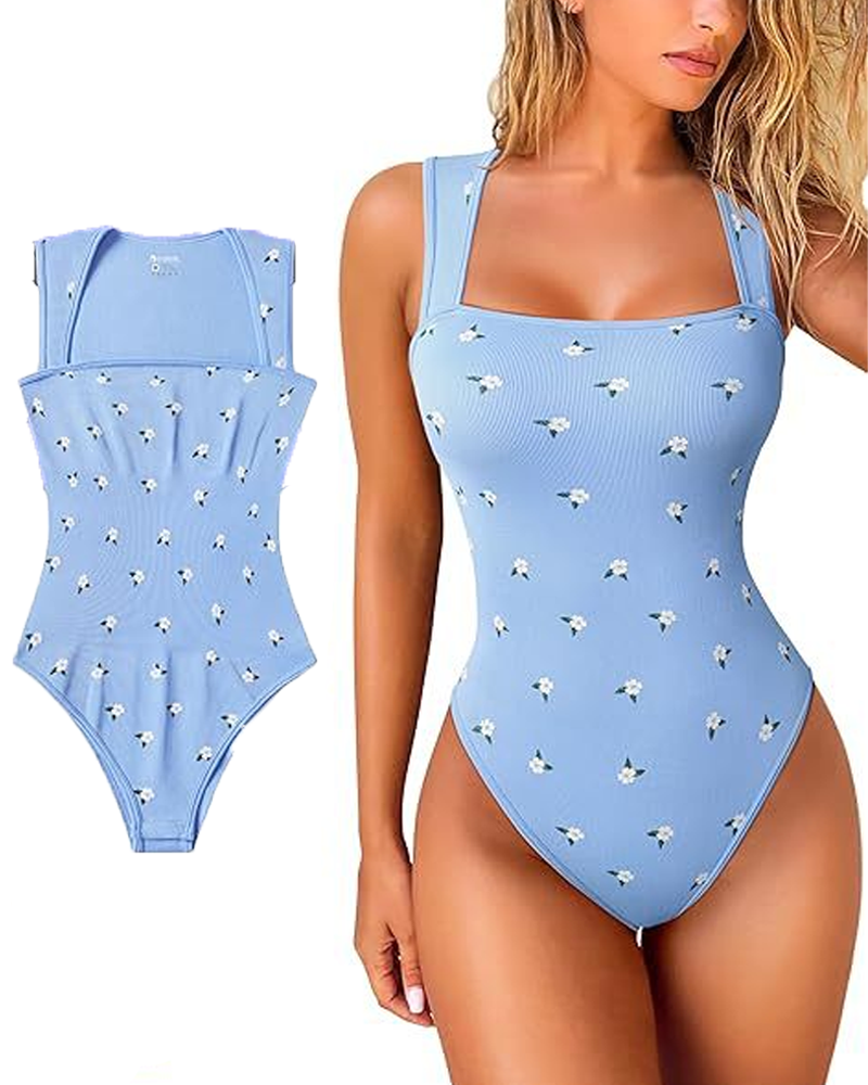Square Neck Sleeveless Stretch Tummy Control Printed Bodysuit