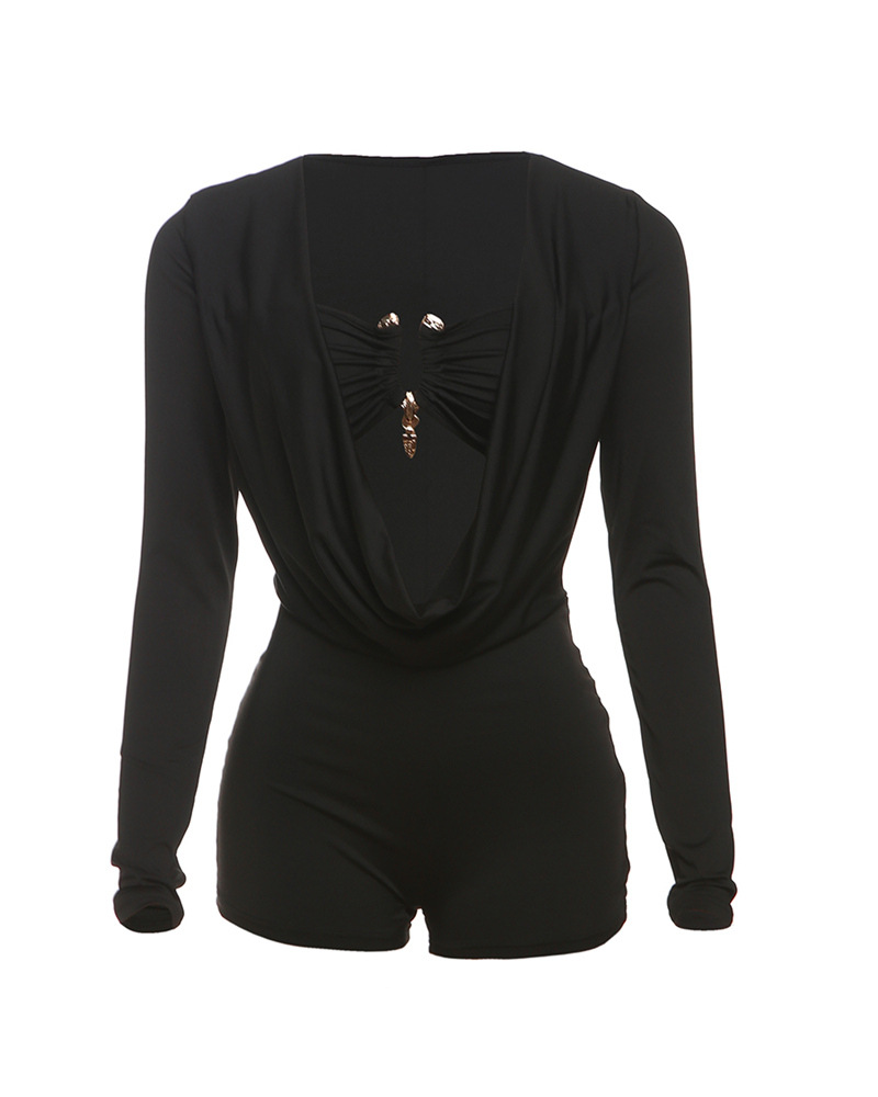 Deep V-Neck Low-Cut Solid Color Slim-Fitting Jumpsuit
