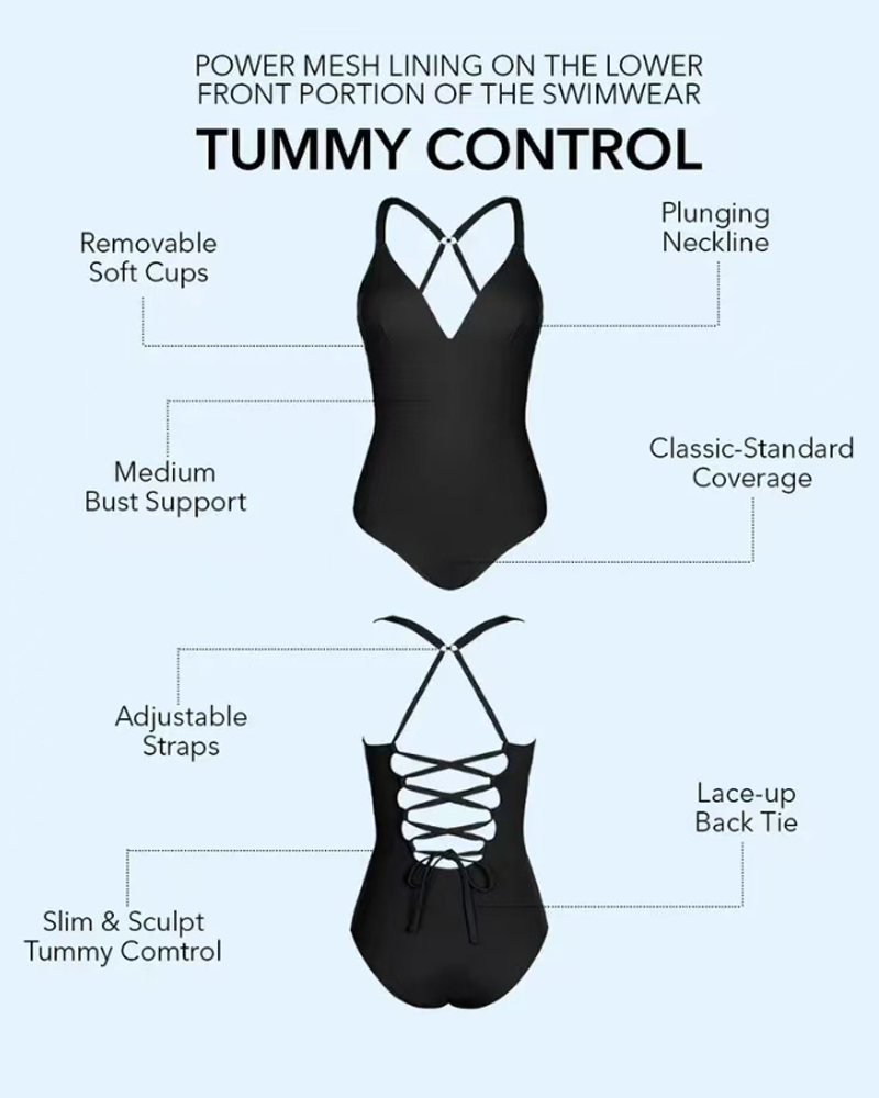 Deep V Neck Tummy Control One Piece Swimsuit with Adjustable Back Tie