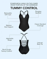 Deep V Neck Tummy Control One Piece Swimsuit with Adjustable Back Tie