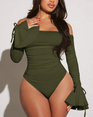 Off Shoulder Ruched Flare Sleeve Tie Bodysuit