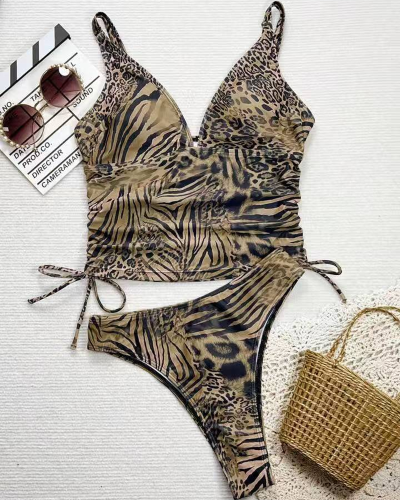 Leopard Print Deep V Side Drawstring Ruched High Cut Two-Piece Bikini Set
