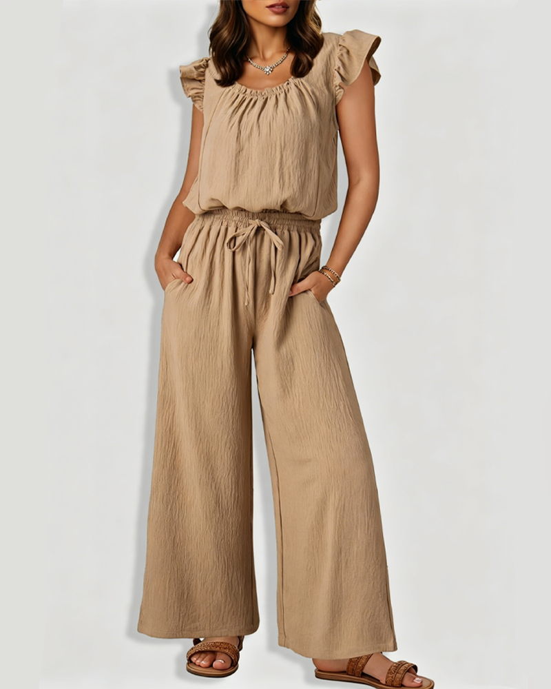 Square Neck Ruffle Sleeve Drawstring Waist Jumpsuit with Pockets