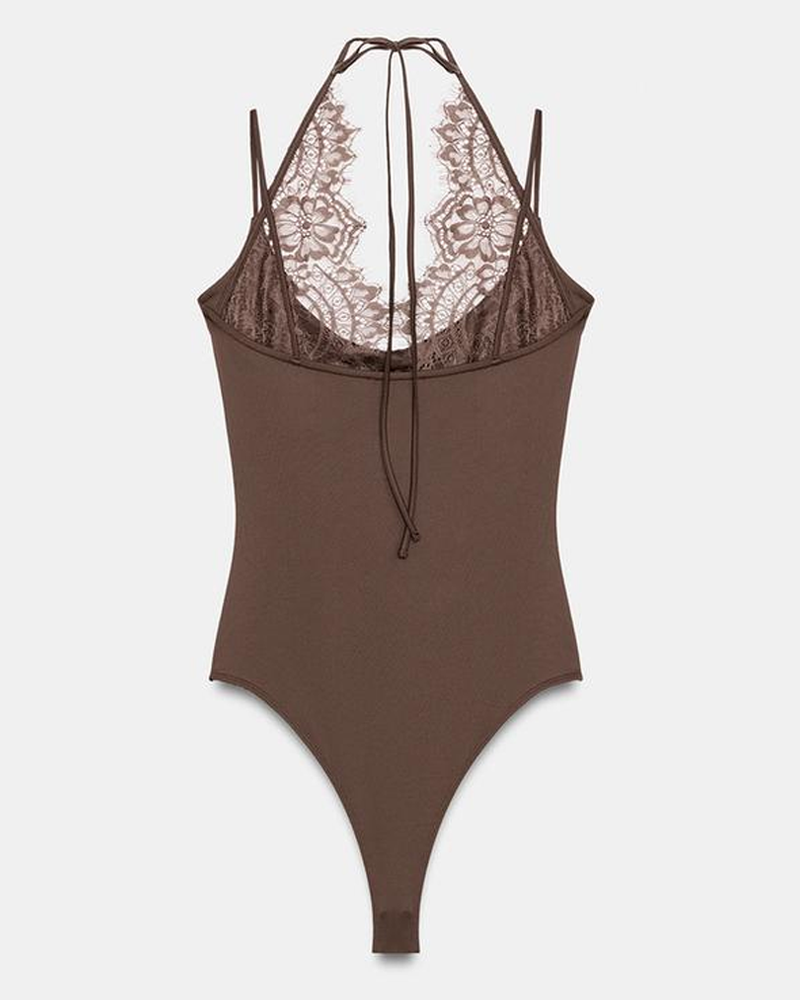 Fashionable Slim-Fit Patchwork Lace Halter Neck Bodysuit