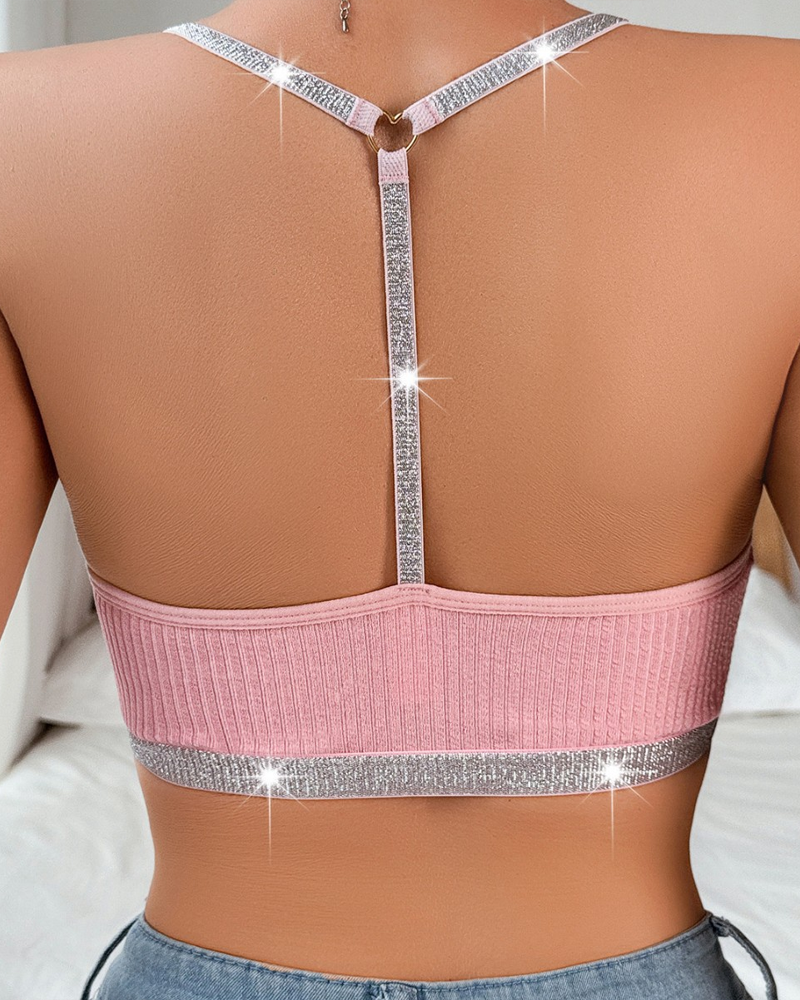 Metallic High-Neck Lace Backless Bra