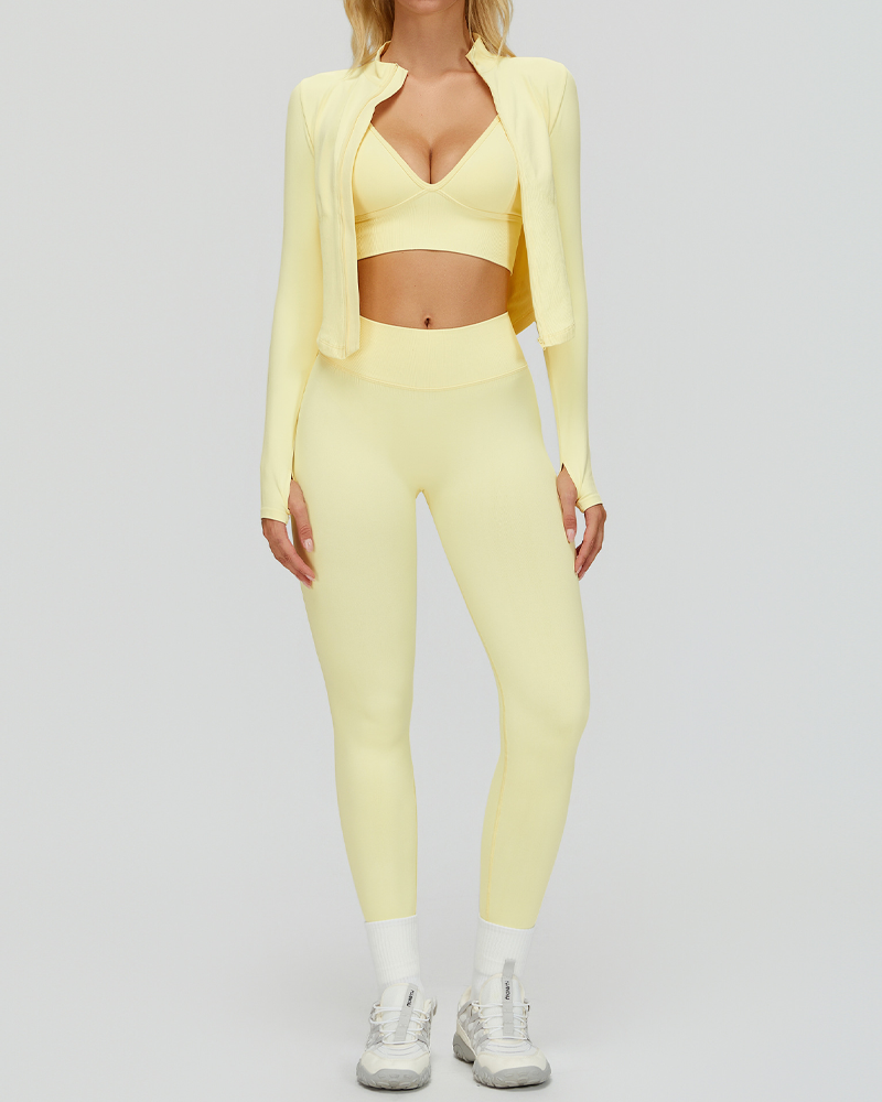 Seamless Slim Fit Quick Dry Tank Top High Waist Leggings Zip-Up Jacket 3Piece Set