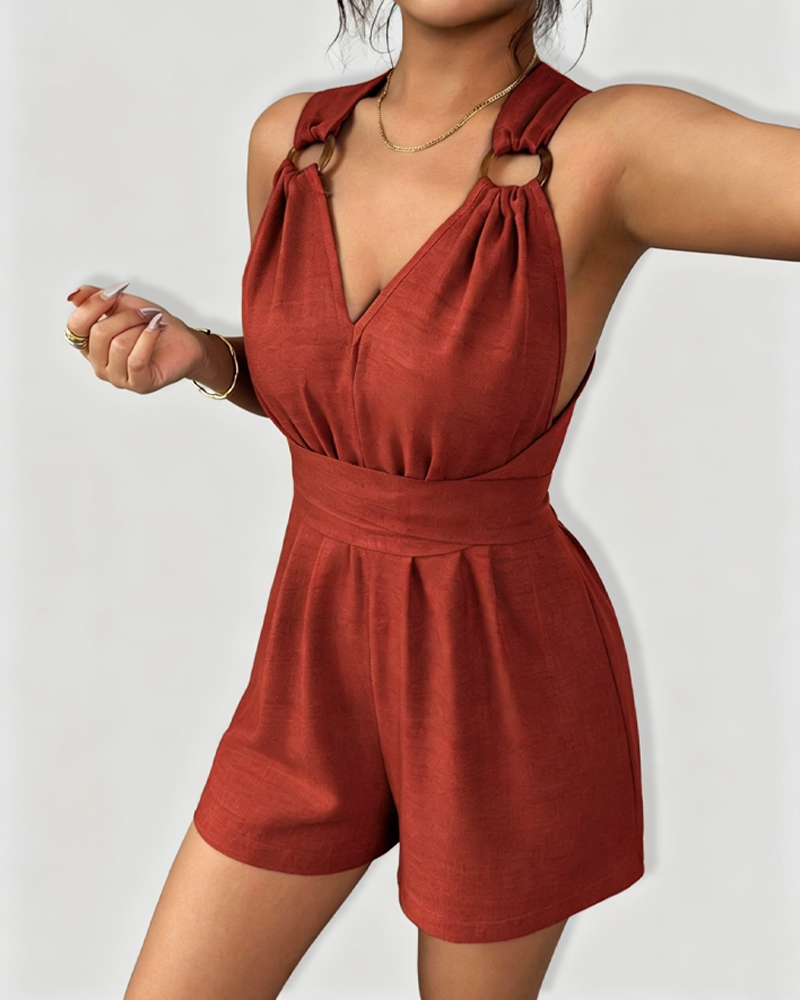 Cross-Back Halter Tie Waist Linen Romper Shorts