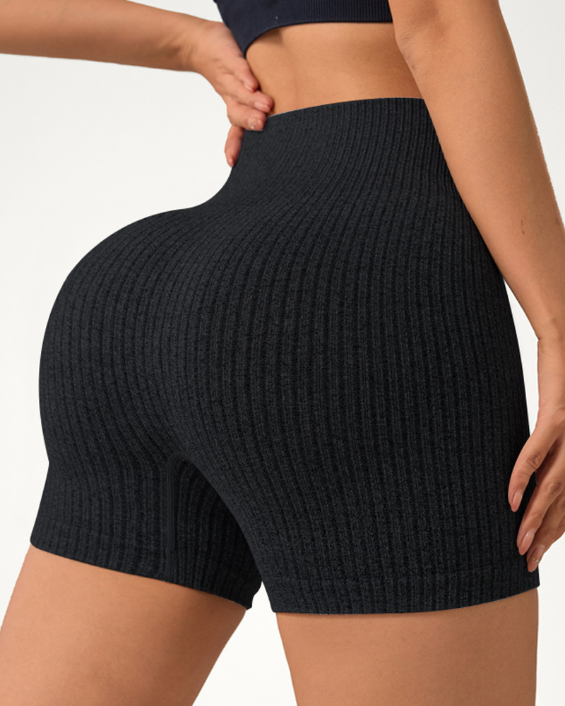 Seamless Ribbed High-Waisted Tummy Control Butt-Lifting Sports Shorts