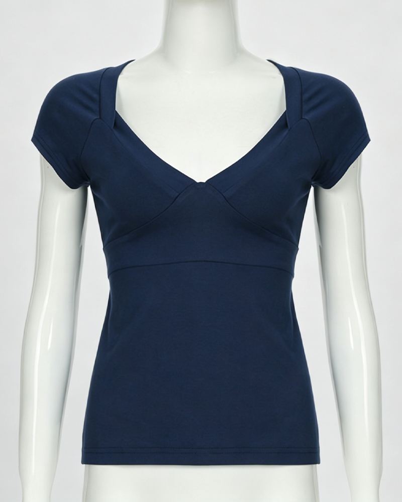 V-Neck Cross Wrap Cinched Waist Tie-Back Short Sleeve Top