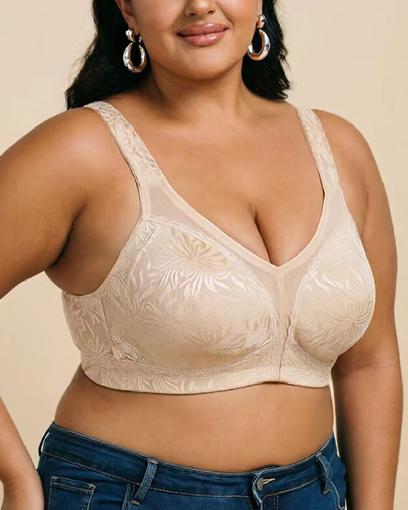 Plus Size Wire Free Jacquard Embroidered Lace Push Up Bra