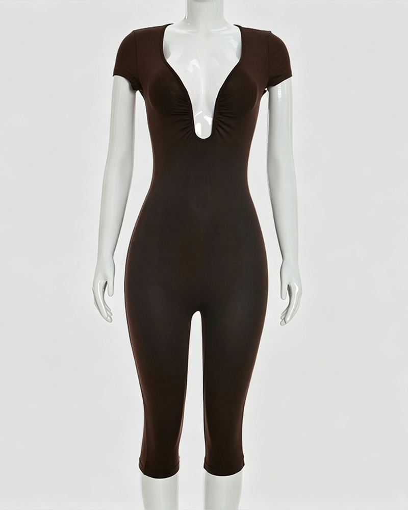 U-Neck Short Sleeve Bodycon Shaping Capri Jumpsuit