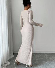 Irregular Neckline Solid Color Knit Texture Long Sleeve Maxi Dress