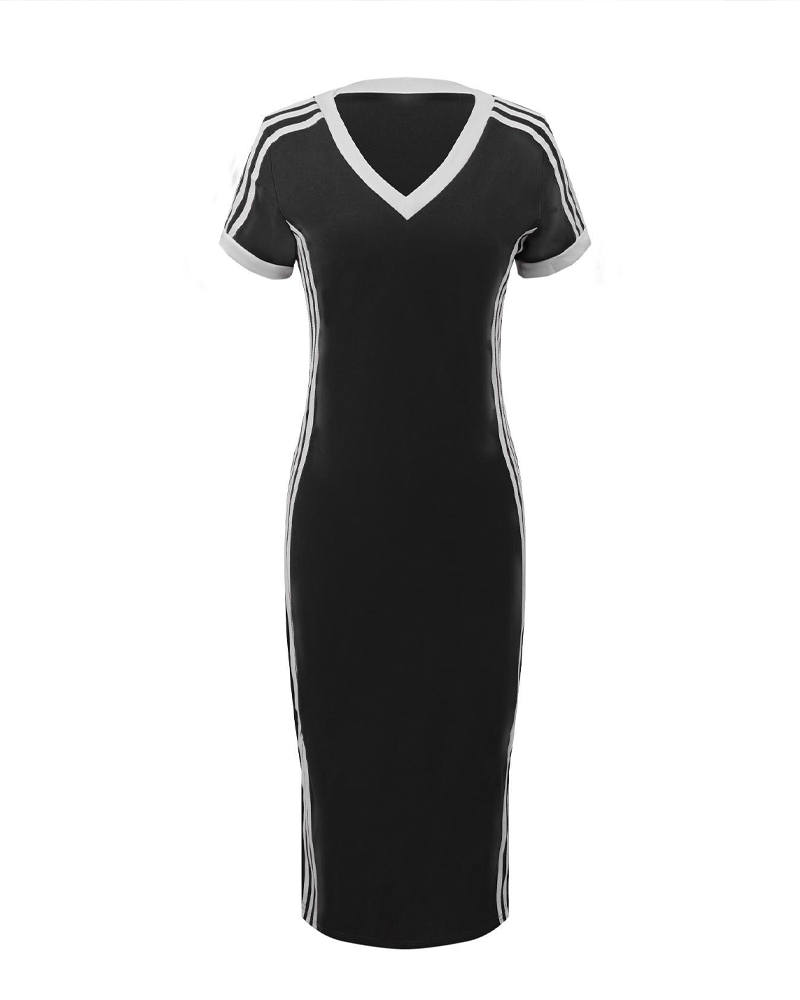 Casual Fashion V-Neck Striped Trim Short Sleeve Slim Fit Dress