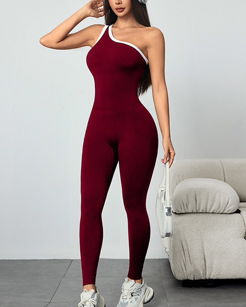 Stylish Slim-Fit Color-Blocked Asymmetrical Neckline Knit Yoga Jumpsuit
