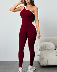 Stylish Slim-Fit Color-Blocked Asymmetrical Neckline Knit Yoga Jumpsuit
