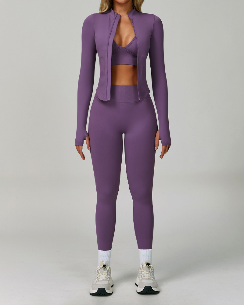 Seamless Slim Fit Quick Dry Tank Top High Waist Leggings Zip-Up Jacket 3Piece Set
