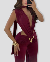 Sleeveless Deep V Cutout High Waist Slim Fit Flare Leg Jumpsuit