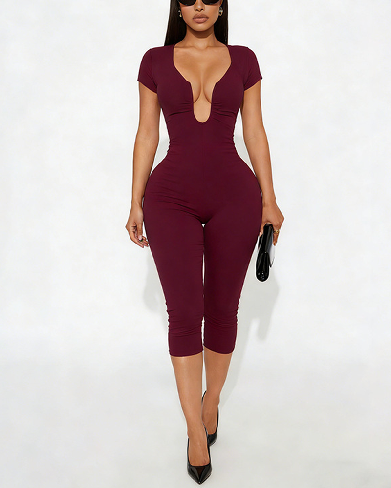 U-Neck Short Sleeve Bodycon Shaping Capri Jumpsuit