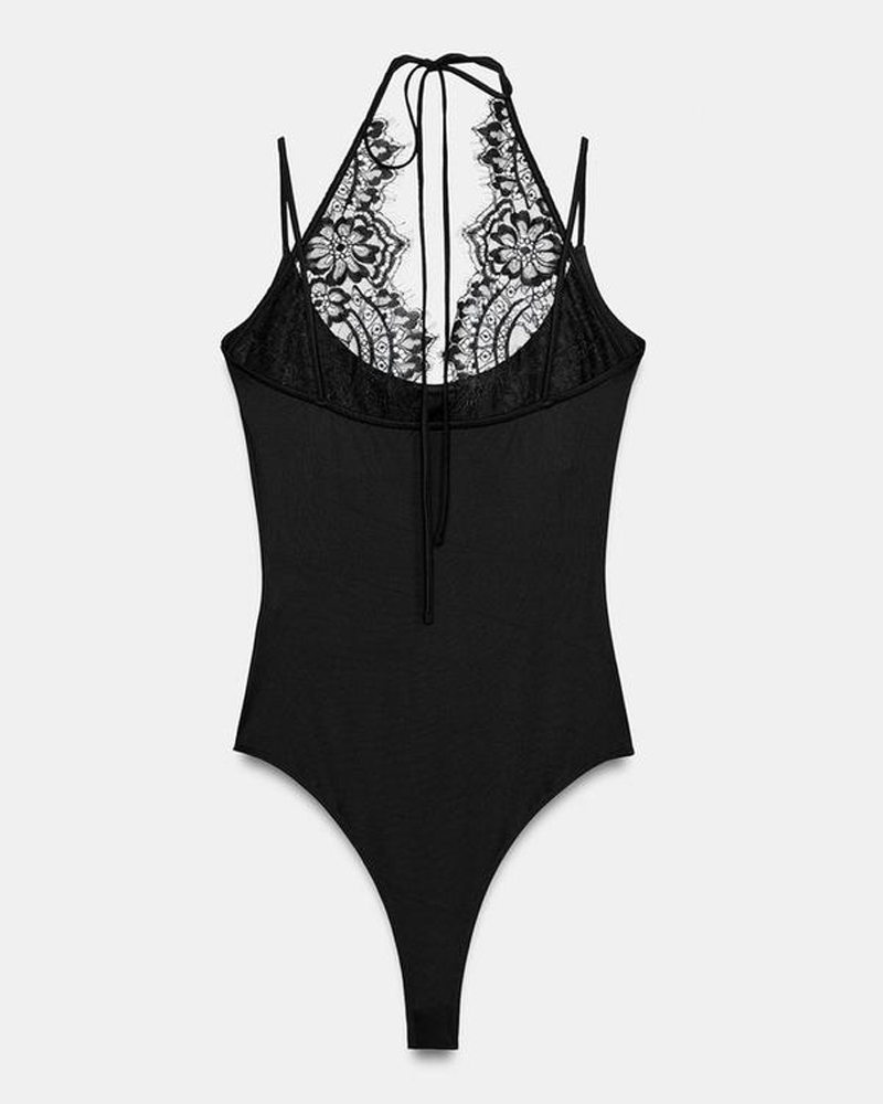 Fashionable Slim-Fit Patchwork Lace Halter Neck Bodysuit