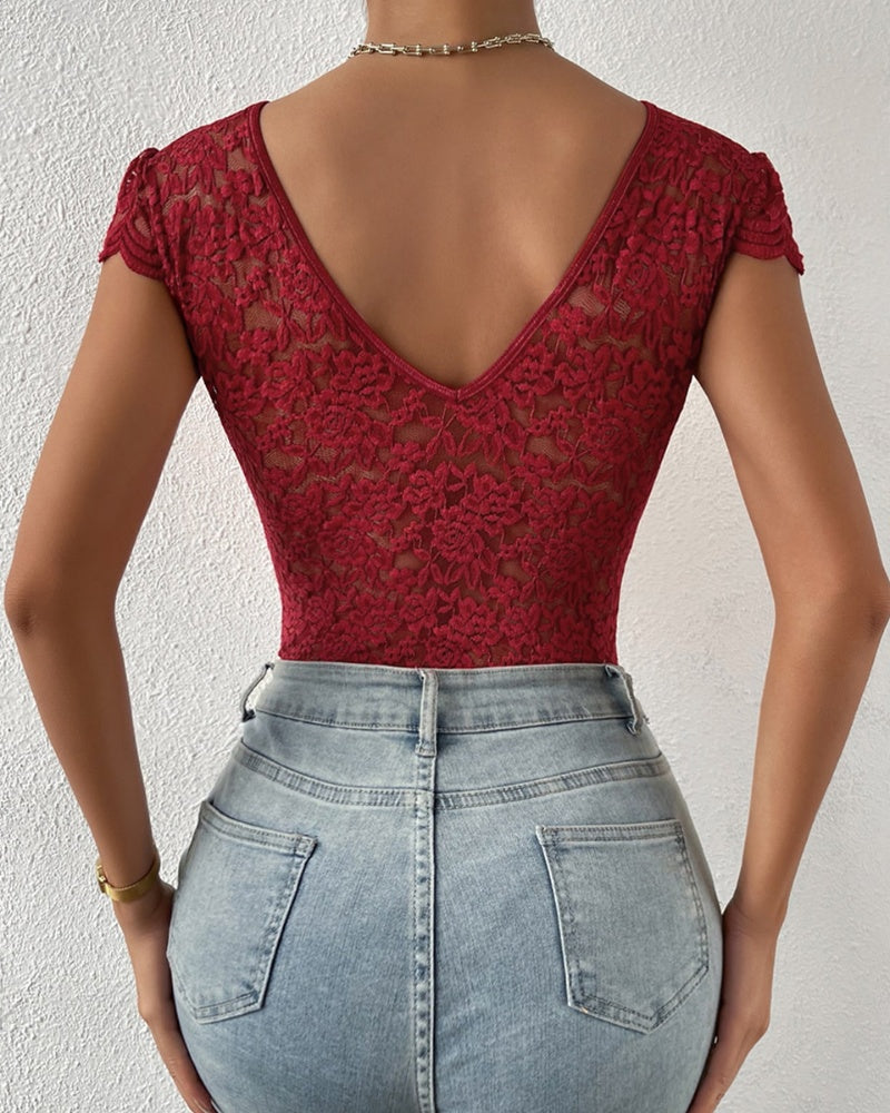 Sexy Deep V Neck Lace Short Sleeve One Piece Bodysuit