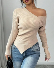 Off The Shoulder Soft Stretch Wrap Around Asymmetrical Ribbed Sweater