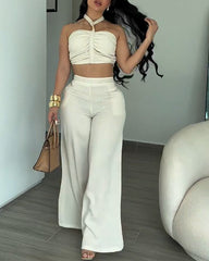 Braided Trim Two Piece Outfit with Flared Trousers