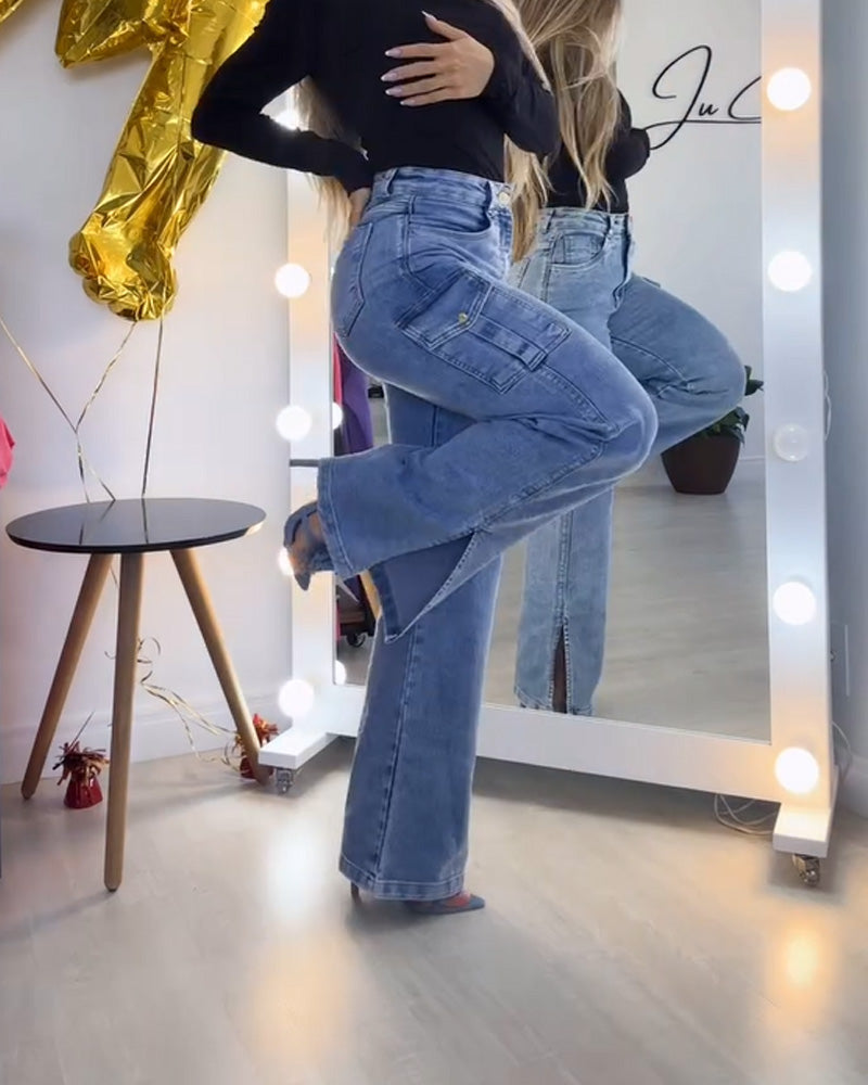 Jeans Cargo Pants for Women Y2K Straight Leg Side Zipper Denim Pants with Pockets Stretch Jeans Streetwear