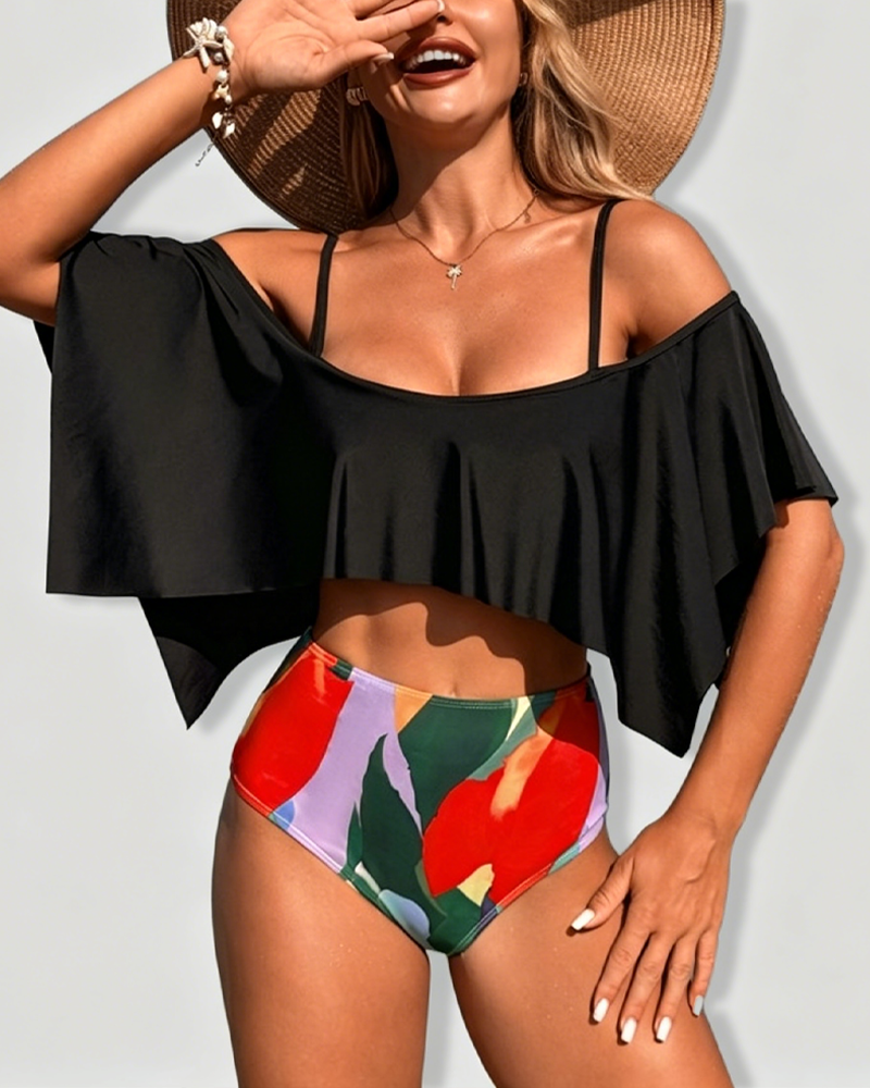 Off Shoulder Ruffle High Waist Printed Two Piece Bikini Swimsuit