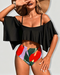 Off Shoulder Ruffle High Waist Printed Two Piece Bikini Swimsuit