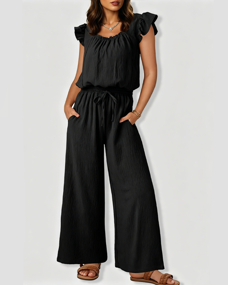 Square Neck Ruffle Sleeve Drawstring Waist Jumpsuit with Pockets