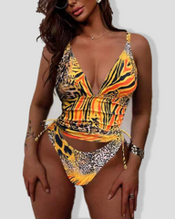 Leopard Print Deep V Side Drawstring Ruched High Cut Two-Piece Bikini Set