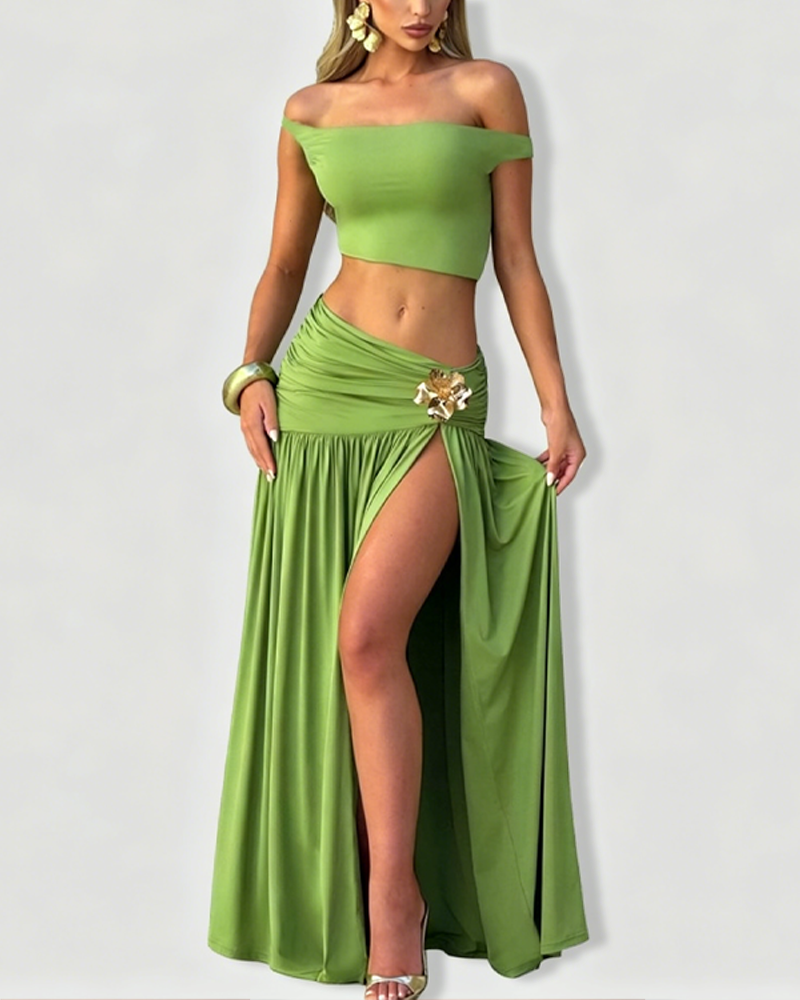 One Shoulder Sleeveless Cami Top & Ruched Side Slit Bodycon Maxi Dress Set